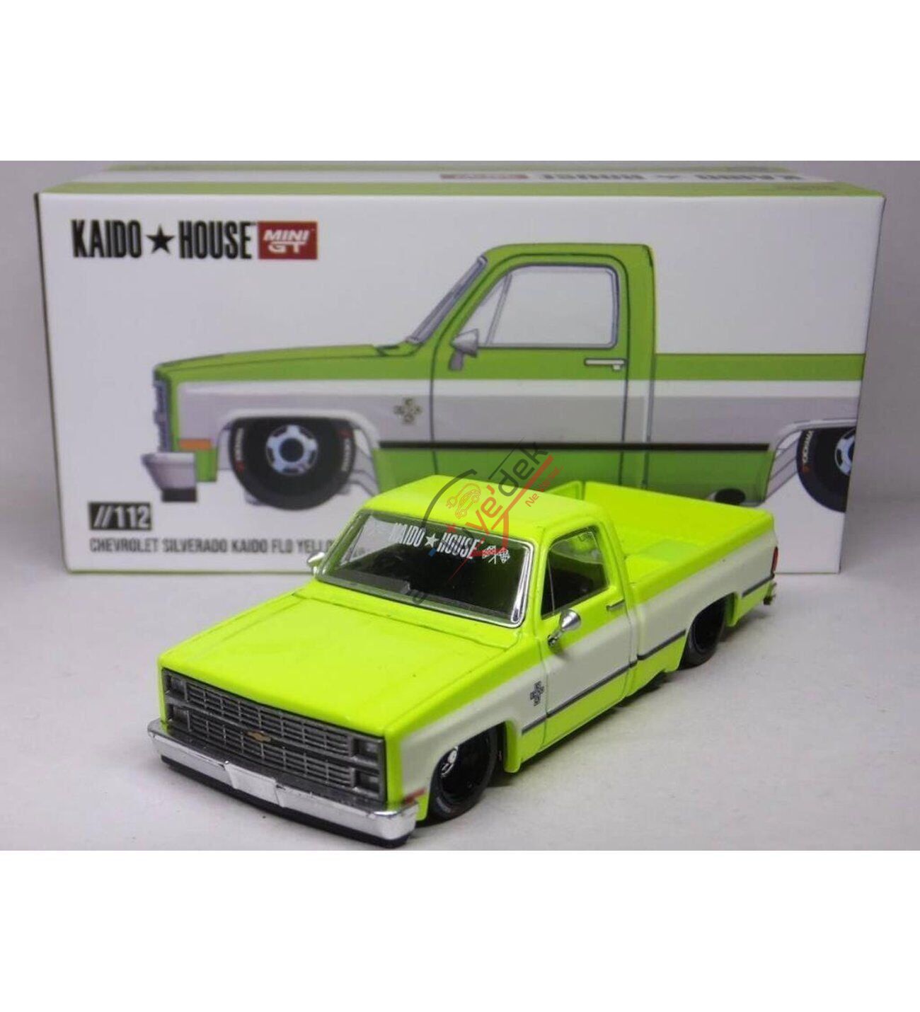 Mini GT Kaido House /112 Chevrolet Silverado Kaido Flo Yellow V1 Model Araba
