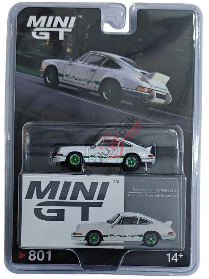 Mini GT 1/64 Porsche 911 Carrera RS 2.7 Grand Prix White with Green Livery - Blister Paket MGT00801-BL